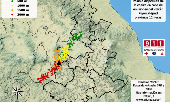 Mapa de dispersión de ceniza del volcán Popocatépetl para el 15 de junio de 2026 mostrando posible afectación en Angelópolis, Valle de Atlixco, Sierra Norte, Tlaxcala, Estado de México y Morelos.