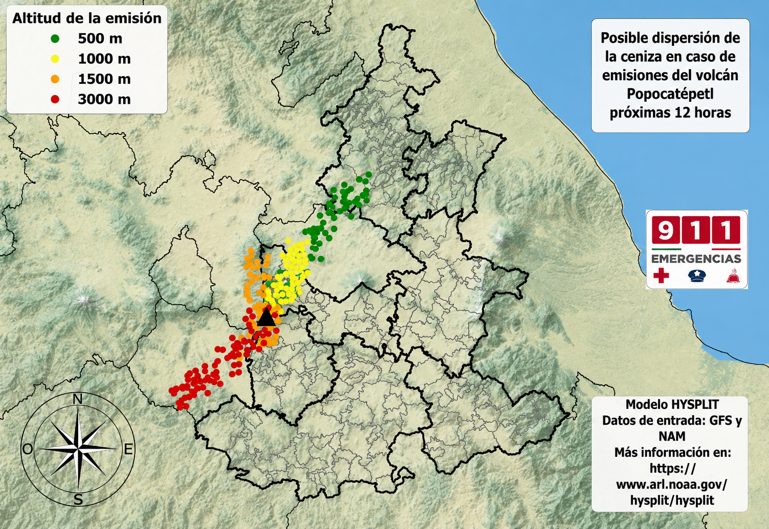Mapa de dispersión de ceniza del volcán Popocatépetl para el 15 de junio de 2026 mostrando posible afectación en Angelópolis, Valle de Atlixco, Sierra Norte, Tlaxcala, Estado de México y Morelos.