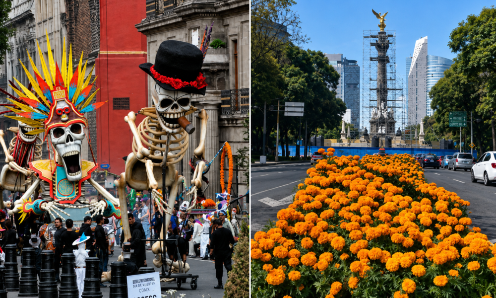 Figuras monumentales de calaveras del Día de Muertos y Paseo de la Reforma en Ciudad de México durante preparativos culturales rumbo al Mundial 2026.