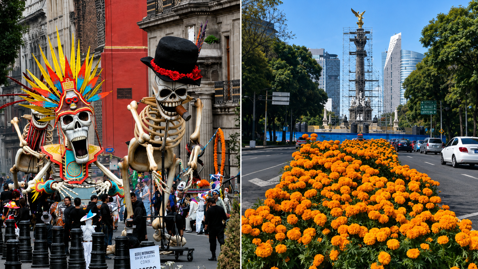 Figuras monumentales de calaveras del Día de Muertos y Paseo de la Reforma en Ciudad de México durante preparativos culturales rumbo al Mundial 2026.