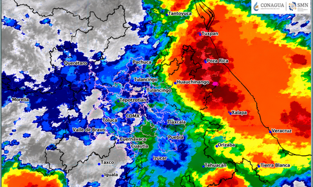 Imagen satelital GOES-19 muestra amplia cobertura nubosa y actividad meteorológica sobre Puebla, Atlixco, Hidalgo y Veracruz durante el 24 de junio de 2026.
