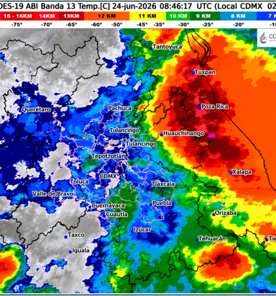 Imagen satelital GOES-19 muestra amplia cobertura nubosa y actividad meteorológica sobre Puebla, Atlixco, Hidalgo y Veracruz durante el 24 de junio de 2026.