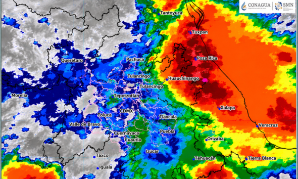 Imagen satelital GOES-19 muestra amplia cobertura nubosa y actividad meteorológica sobre Puebla, Atlixco, Hidalgo y Veracruz durante el 24 de junio de 2026.