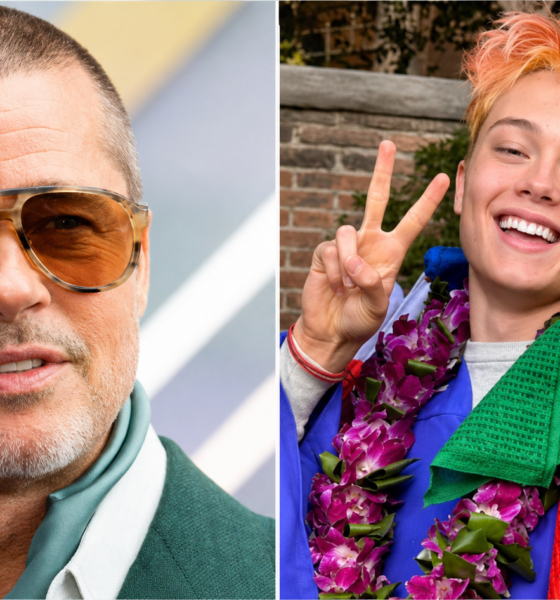 Fotografía de Brad Pitt y uno de sus hijos durante una nota relacionada con el uso del apellido Jolie en una ceremonia de graduación realizada en Los Ángeles.