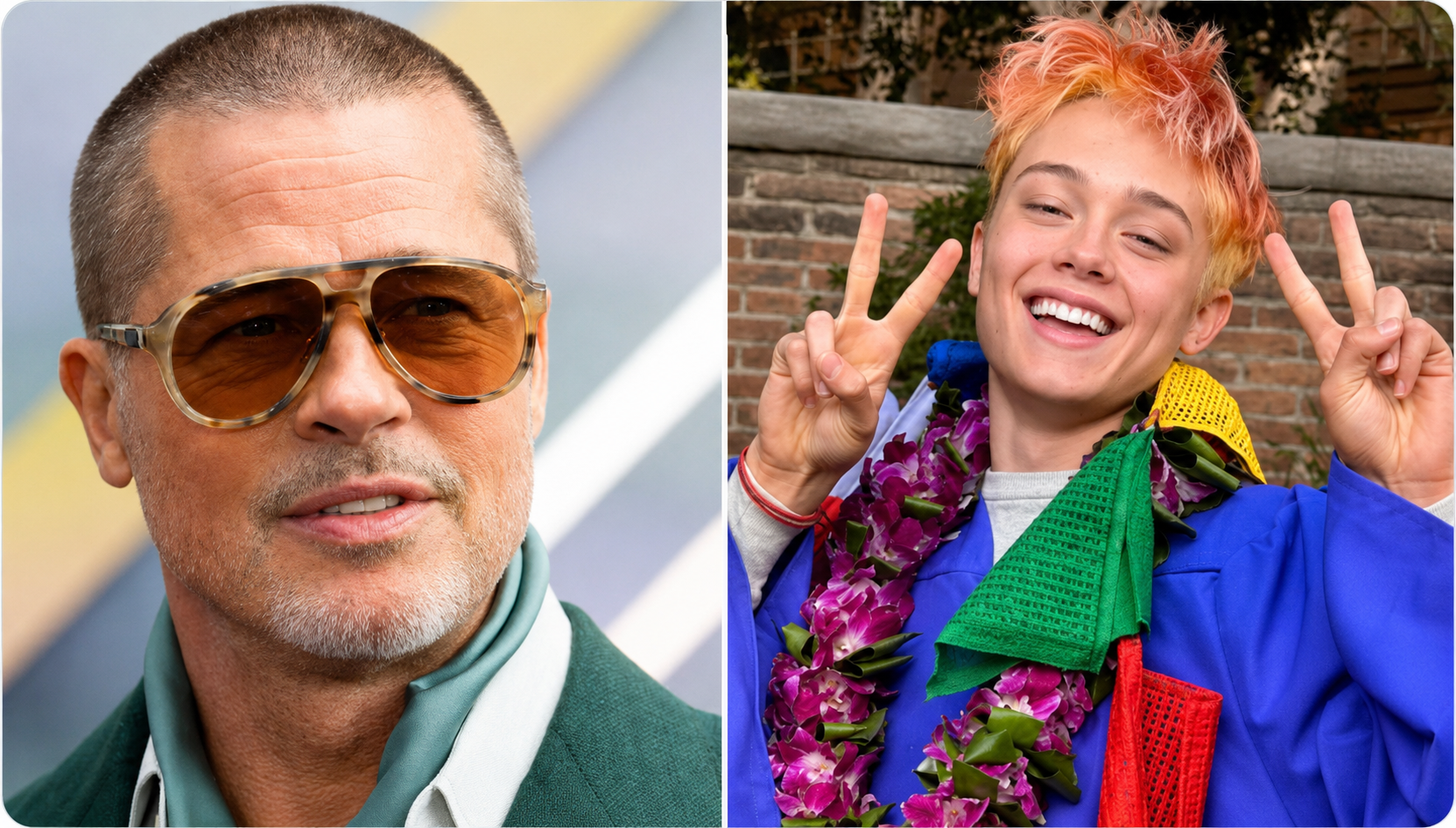 Fotografía de Brad Pitt y uno de sus hijos durante una nota relacionada con el uso del apellido Jolie en una ceremonia de graduación realizada en Los Ángeles.
