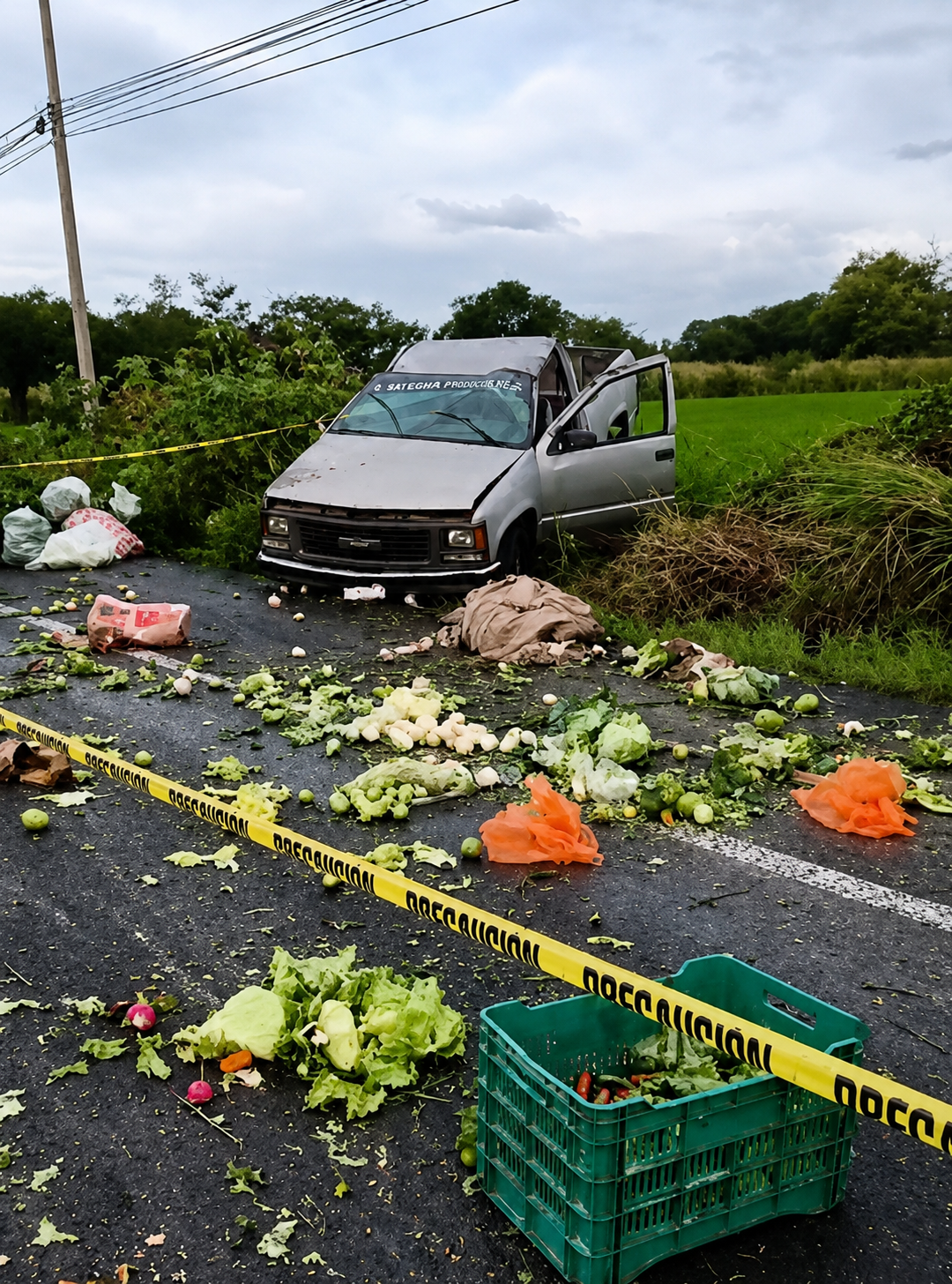 Camioneta volcada con carga de verduras sobre la carretera Atlixco–Izúcar de Matamoros tras un accidente que dejó una mujer fallecida y varios lesionados.