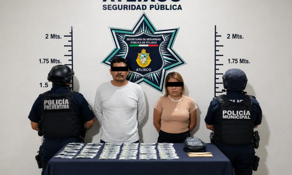 Elementos de la Secretaría de Seguridad Ciudadana de Atlixco presentan a dos personas detenidas por presunta falsificación de moneda junto con billetes asegurados.
