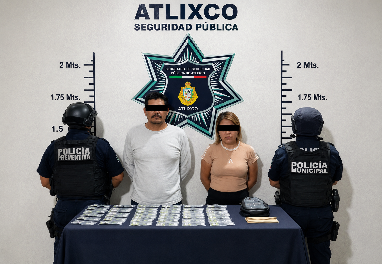 Elementos de la Secretaría de Seguridad Ciudadana de Atlixco presentan a dos personas detenidas por presunta falsificación de moneda junto con billetes asegurados.