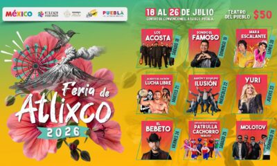 Cartel oficial de la Feria de Atlixco 2026 que anuncia la cartelera artística del 18 al 26 de julio en el Centro de Convenciones de Atlixco, con presentaciones de Yuri, Molotov, Los Acosta, El Bebeto, Mara Escalante, Aarón y su Grupo Ilusión, además de espectáculos familiares.
