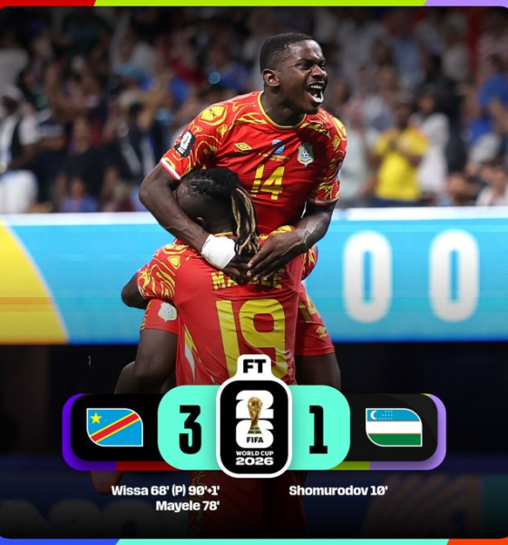 Jugadores de la República Democrática del Congo celebran la victoria 3-1 sobre Uzbekistán en la última jornada de la fase de grupos de la Copa Mundial de la FIFA 2026, resultado que aseguró su clasificación a la fase de eliminación directa.
