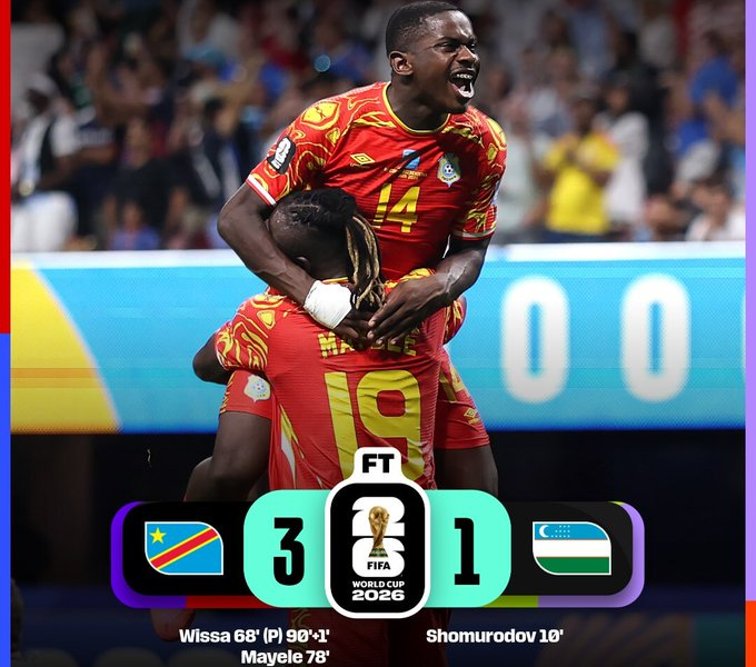 Jugadores de la República Democrática del Congo celebran la victoria 3-1 sobre Uzbekistán en la última jornada de la fase de grupos de la Copa Mundial de la FIFA 2026, resultado que aseguró su clasificación a la fase de eliminación directa.