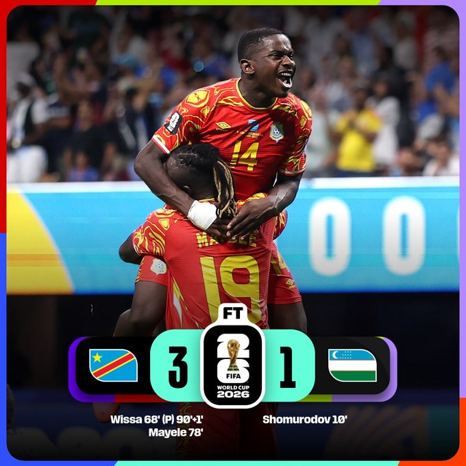 Jugadores de la República Democrática del Congo celebran la victoria 3-1 sobre Uzbekistán en la última jornada de la fase de grupos de la Copa Mundial de la FIFA 2026, resultado que aseguró su clasificación a la fase de eliminación directa.