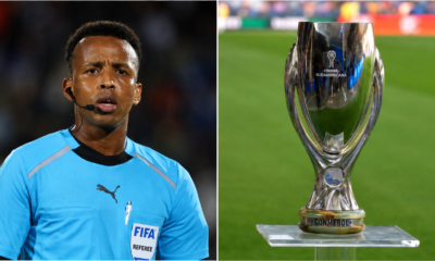 Omar Abdulkadir Artan, árbitro somalí excluido del Mundial 2026, junto a la imagen de la Supercopa de Europa que dirigirá entre PSG y Aston Villa.