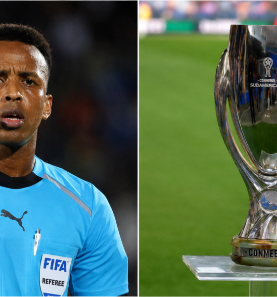 Omar Abdulkadir Artan, árbitro somalí excluido del Mundial 2026, junto a la imagen de la Supercopa de Europa que dirigirá entre PSG y Aston Villa.