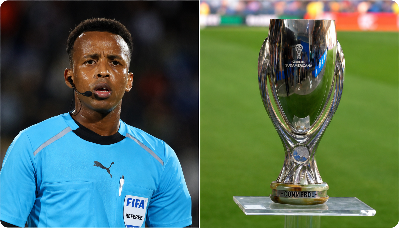 Omar Abdulkadir Artan, árbitro somalí excluido del Mundial 2026, junto a la imagen de la Supercopa de Europa que dirigirá entre PSG y Aston Villa.