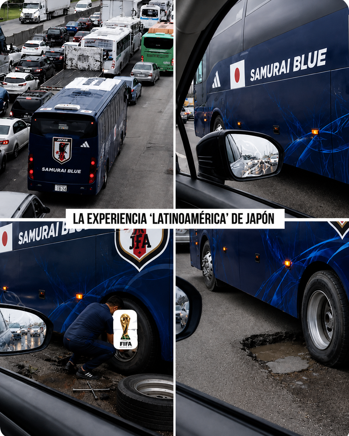 Autobús de la selección de Japón detenido en Monterrey mientras personal revisa una rueda cerca de un bache en la vialidad rumbo al Mundial 2026.