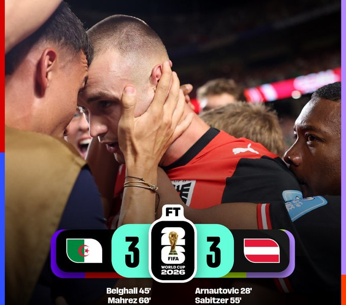 Jugadores de Argelia y Austria celebran tras el empate 3-3 en la última jornada de la fase de grupos de la Copa Mundial de la FIFA 2026, resultado que permitió a ambas selecciones clasificar a la fase de eliminación directa.