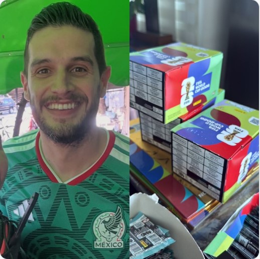 Comparativa visual entre un aficionado con jersey de la Selección Mexicana y cajas de estampas Panini utilizadas en el debate sobre coleccionismo, productividad y tiempo libre en México.