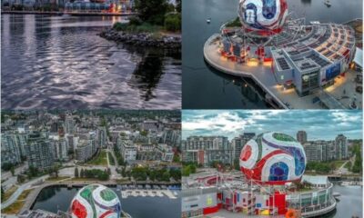 Estructura monumental con forma de balón de fútbol instalada en Vancouver como parte de los preparativos turísticos para la Copa Mundial FIFA 2026.
