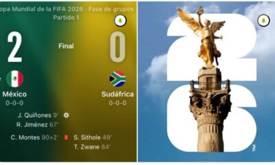 Marcador final México 2-0 Sudáfrica en el partido inaugural de la Copa Mundial FIFA 2026 acompañado por la imagen del Ángel de la Independencia.