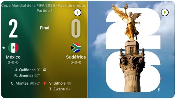 Marcador final México 2-0 Sudáfrica en el partido inaugural de la Copa Mundial FIFA 2026 acompañado por la imagen del Ángel de la Independencia.
