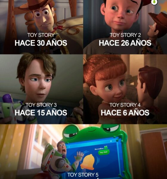 Cronología de las películas Toy Story desde 1995 hasta el próximo estreno de Toy Story 5, mostrando la evolución de Woody y los personajes principales.