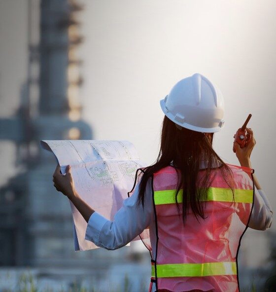 Ingeniera revisa planos de construcción durante el Día Internacional de la Mujer en la Ingeniería 2026.