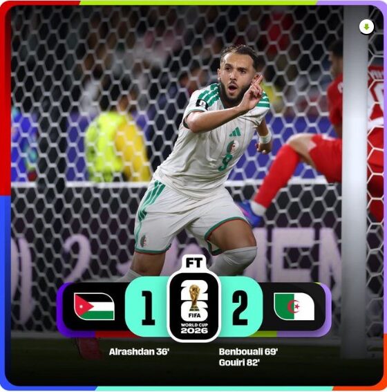 Amine Gouiri celebra el gol de la victoria de Argelia sobre Jordania durante el Mundial FIFA 2026.