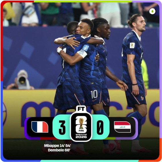 Kylian Mbappé y jugadores de Francia celebran la victoria 3-0 sobre Irak durante la fase de grupos del Mundial FIFA 2026.