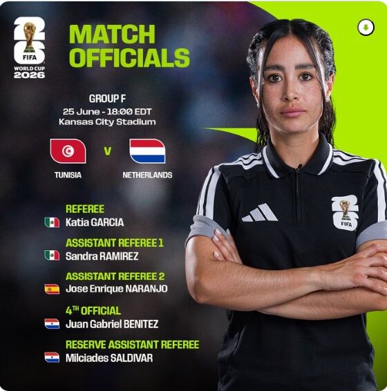 Katia Itzel García posa como árbitra oficial del Mundial FIFA 2026 tras ser designada para dirigir el partido entre Túnez y Países Bajos.