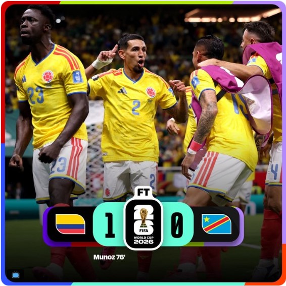 Jugadores de Colombia celebran la victoria 1-0 sobre República Democrática del Congo y su clasificación a la siguiente ronda del Mundial FIFA 2026.