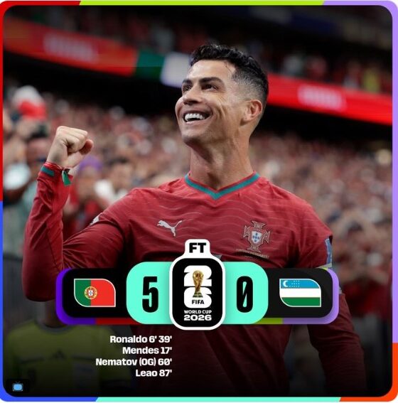 Cristiano Ronaldo celebra durante la victoria de Portugal por 5-0 sobre Uzbekistán en la Copa Mundial FIFA 2026.