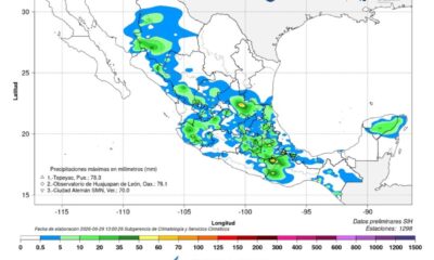 Mapa meteorológico elaborado por la Comisión Nacional del Agua (CONAGUA) y el Servicio Meteorológico Nacional (SMN) que muestra el pronóstico de lluvias moderadas a fuertes para el estado de Puebla el 30 de junio de 2026, con mayores acumulados previstos en el Valle de Atlixco y Angelópolis.
