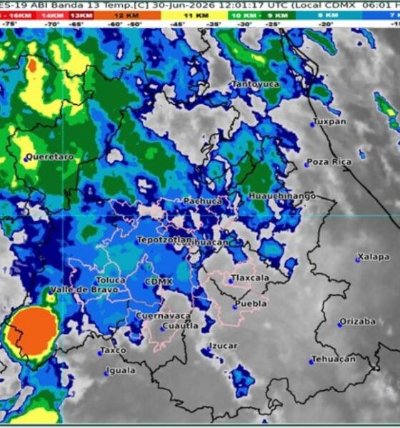 Imagen satelital GOES-19 muestra nubosidad, áreas de lluvia y tormentas sobre el centro de México, incluyendo el Valle de Atlixco y diversas regiones de Puebla durante la mañana del 30 de junio de 2026.