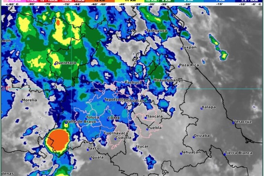 Imagen satelital GOES-19 muestra nubosidad, áreas de lluvia y tormentas sobre el centro de México, incluyendo el Valle de Atlixco y diversas regiones de Puebla durante la mañana del 30 de junio de 2026.
