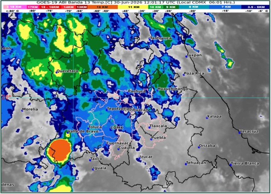 Imagen satelital GOES-19 muestra nubosidad, áreas de lluvia y tormentas sobre el centro de México, incluyendo el Valle de Atlixco y diversas regiones de Puebla durante la mañana del 30 de junio de 2026.