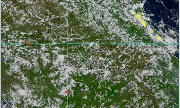 Imagen satelital GOES-19 mostrando nubosidad sobre Puebla y el Valle de Atlixco con potencial de lluvias y tormentas eléctricas.