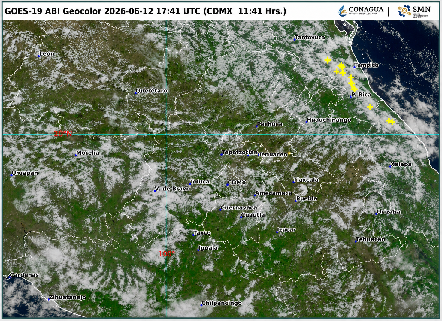 Imagen satelital GOES-19 mostrando nubosidad sobre Puebla y el Valle de Atlixco con potencial de lluvias y tormentas eléctricas.