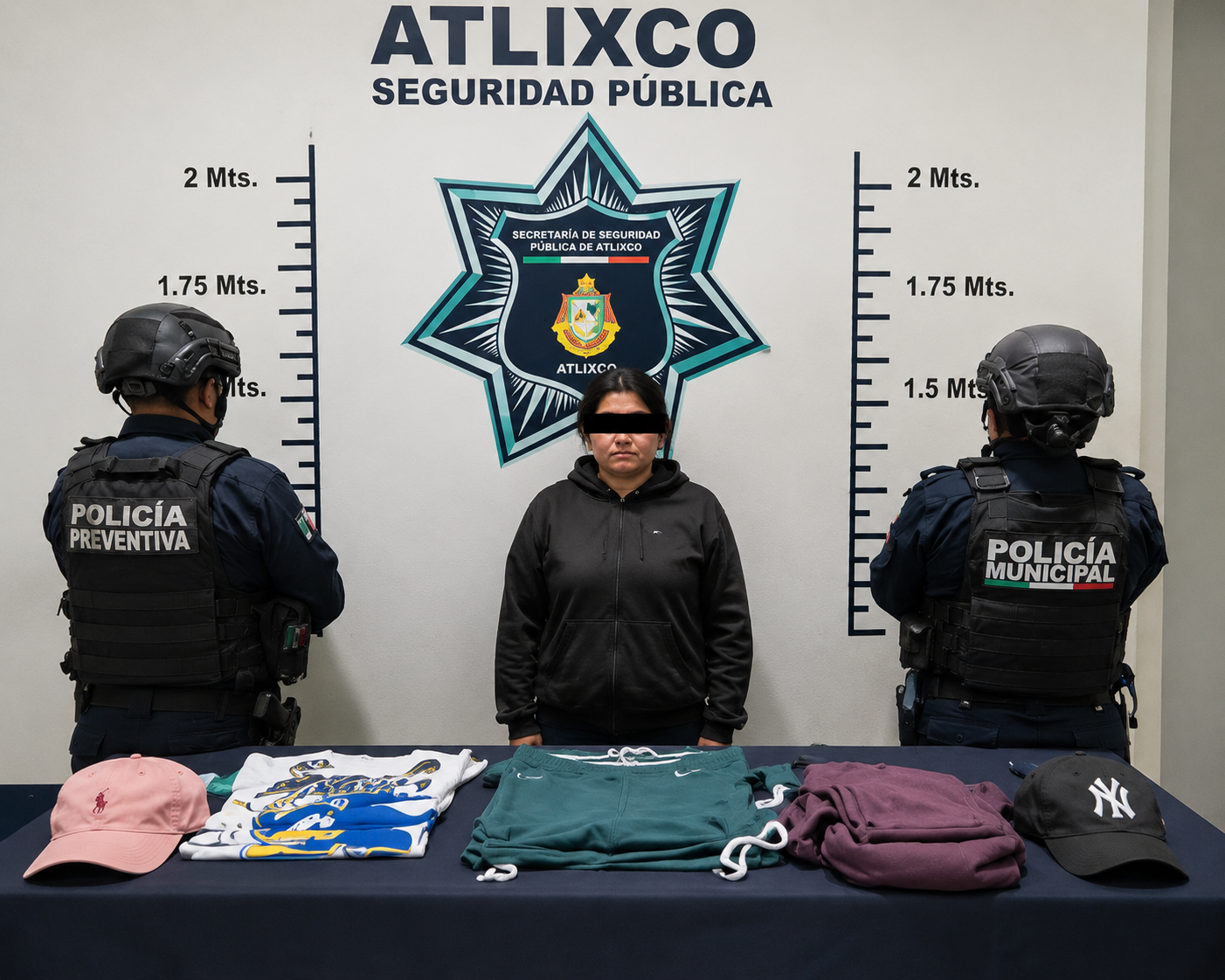 Mujer asegurada por la Policía Municipal de Atlixco tras un reporte de presunto robo en una tienda departamental del Centro; al frente se observan prendas y accesorios recuperados.