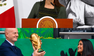 La presidenta de México durante conferencia matutina y Salma Hayek participando en actividades inaugurales del Mundial FIFA 2026 junto al presidente de la FIFA.