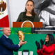 La presidenta de México durante conferencia matutina y Salma Hayek participando en actividades inaugurales del Mundial FIFA 2026 junto al presidente de la FIFA.