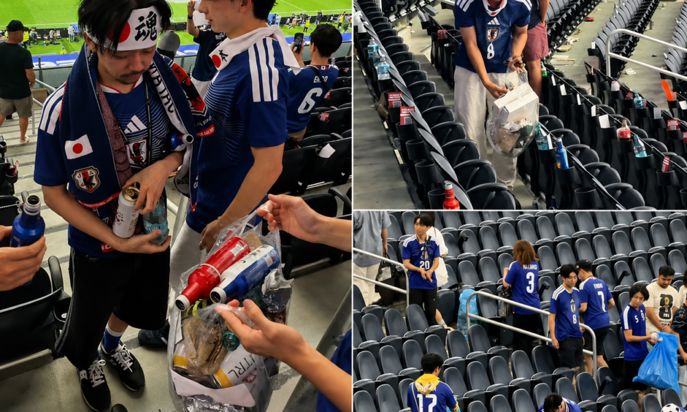 Aficionados japoneses recogen basura en las gradas después del partido Japón vs Países Bajos en el Mundial 2026.