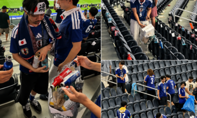 Aficionados japoneses recogen basura en las gradas después del partido Japón vs Países Bajos en el Mundial 2026.