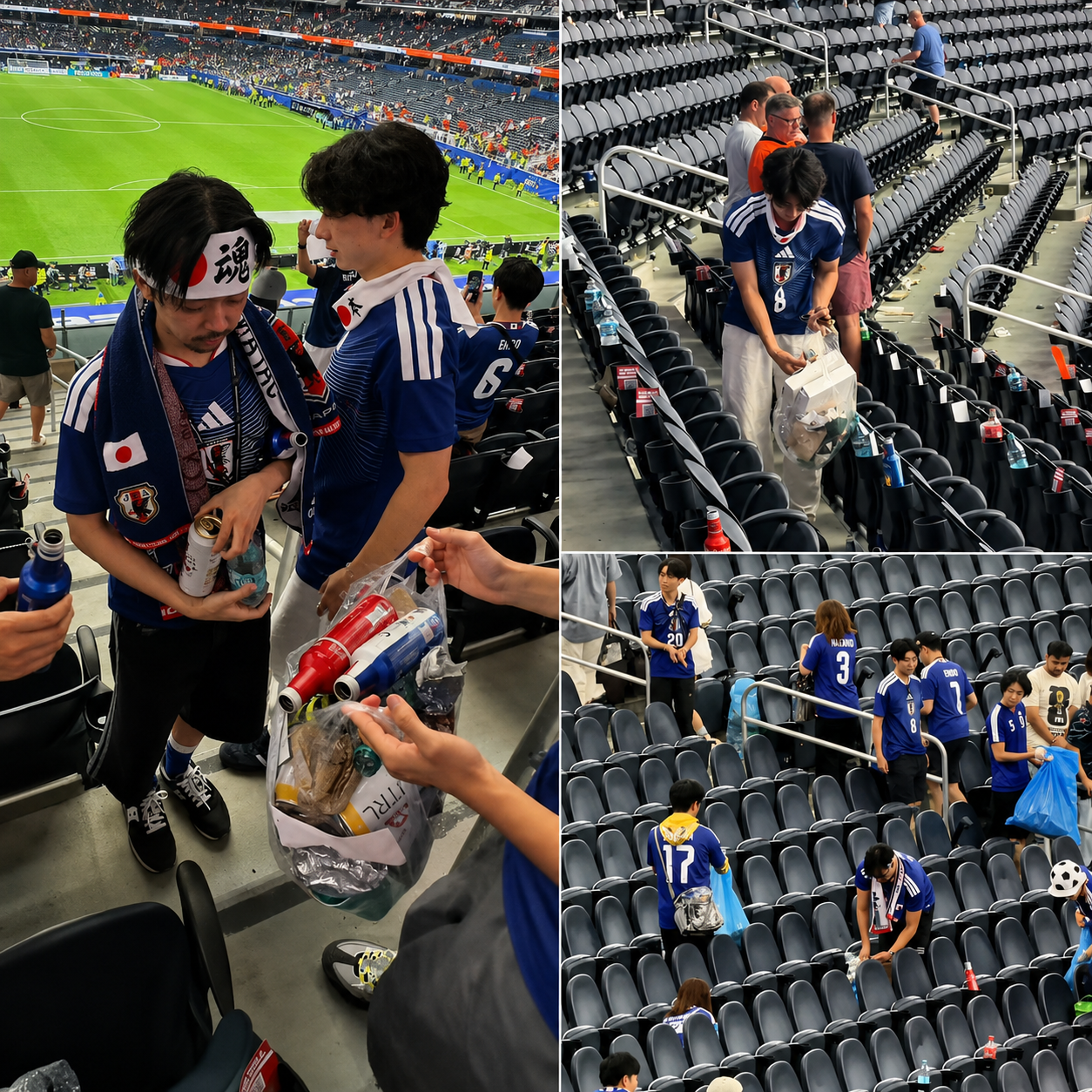 Aficionados japoneses recogen basura en las gradas después del partido Japón vs Países Bajos en el Mundial 2026.