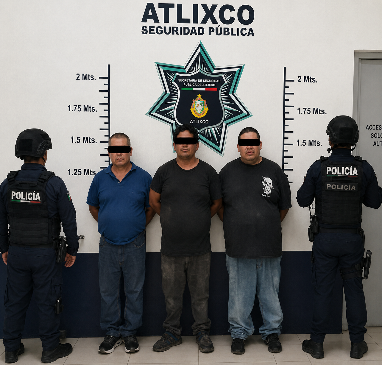 Tres hombres asegurados por la Policía Municipal de Atlixco tras una presunta riña registrada en la colonia Revolución.