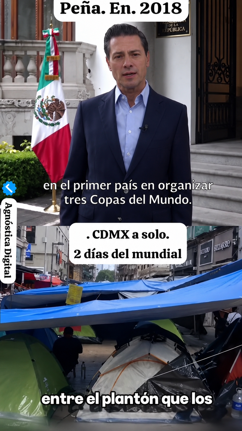 Comparativa entre el anuncio del Mundial 2026 realizado en 2018 y escenas urbanas de la Ciudad de México utilizadas para debatir la preparación de la capital para el evento.