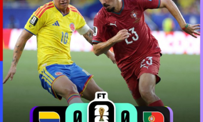Jugador de Colombia disputa el balón con un futbolista de Portugal durante el empate 0-0 en el Miami Stadium, correspondiente a la última jornada de la fase de grupos de la Copa Mundial de la FIFA 2026.