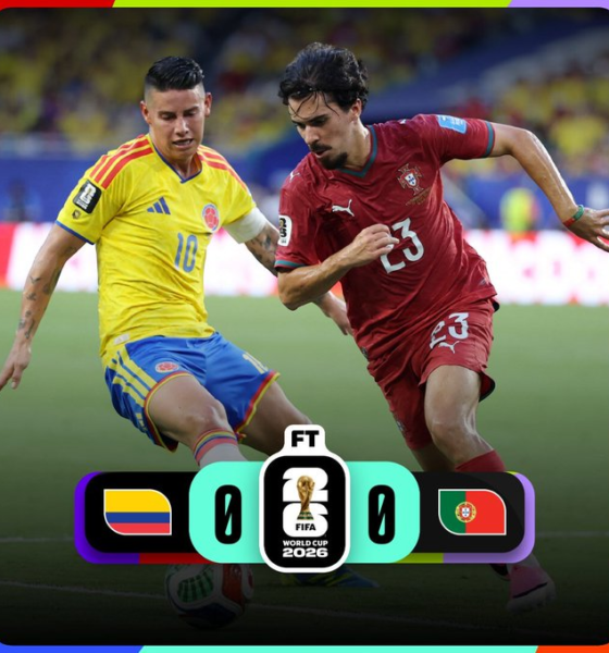 Jugador de Colombia disputa el balón con un futbolista de Portugal durante el empate 0-0 en el Miami Stadium, correspondiente a la última jornada de la fase de grupos de la Copa Mundial de la FIFA 2026.