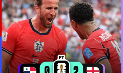 Harry Kane y Jude Bellingham celebran la victoria de Inglaterra 2-0 sobre Panamá en el último partido de la fase de grupos de la Copa Mundial de la FIFA 2026, disputado el 27 de junio de 2026.