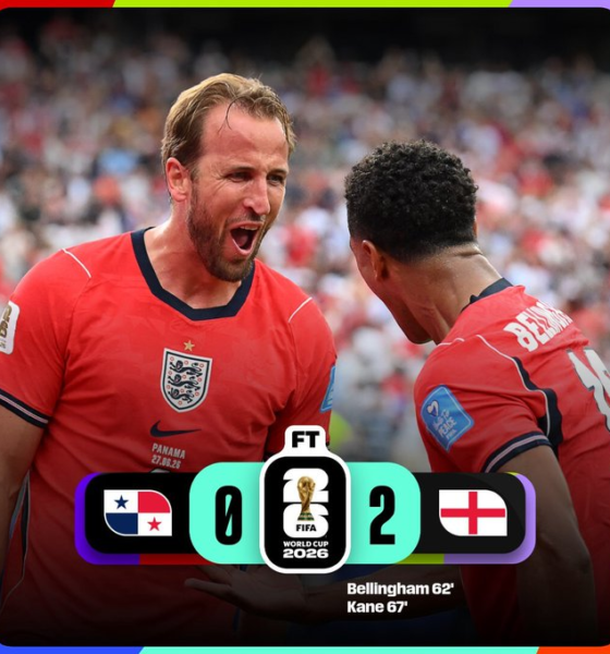 Harry Kane y Jude Bellingham celebran la victoria de Inglaterra 2-0 sobre Panamá en el último partido de la fase de grupos de la Copa Mundial de la FIFA 2026, disputado el 27 de junio de 2026.